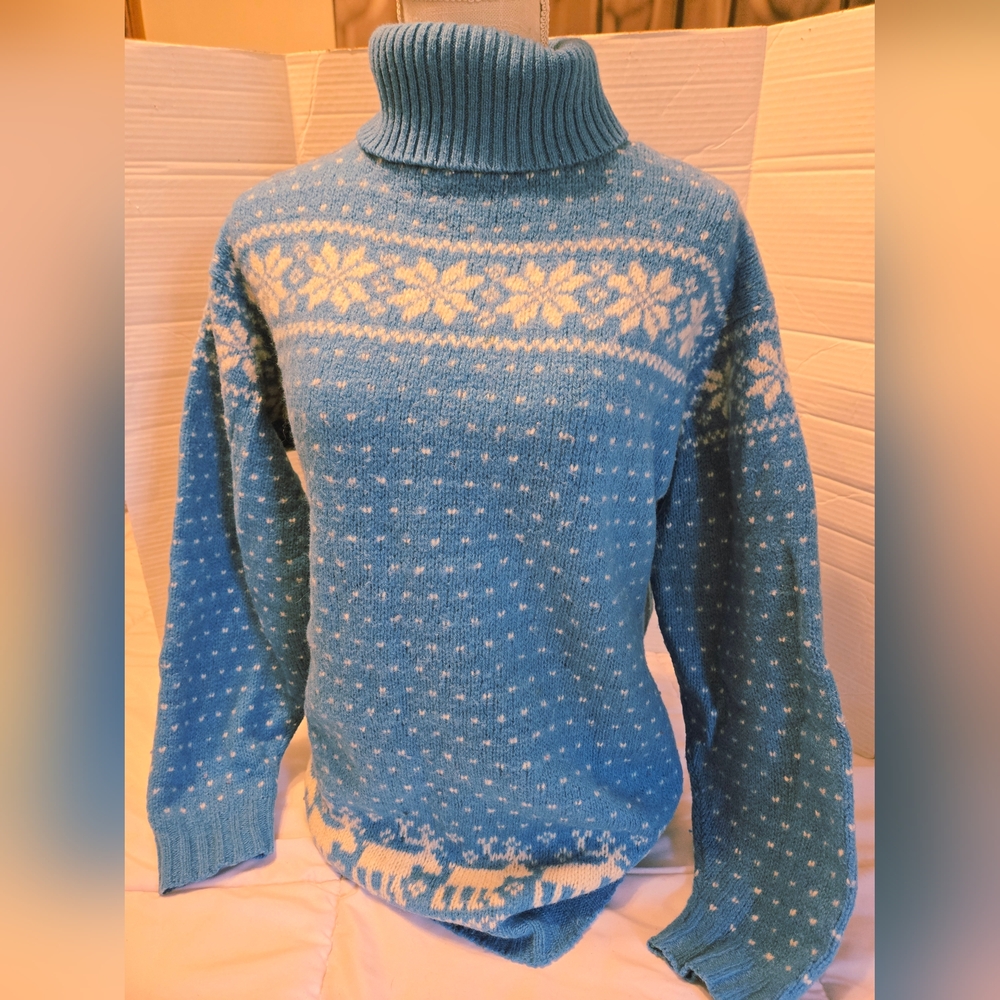 Blue Turtleneck Sweater with Snowflake Pattern
